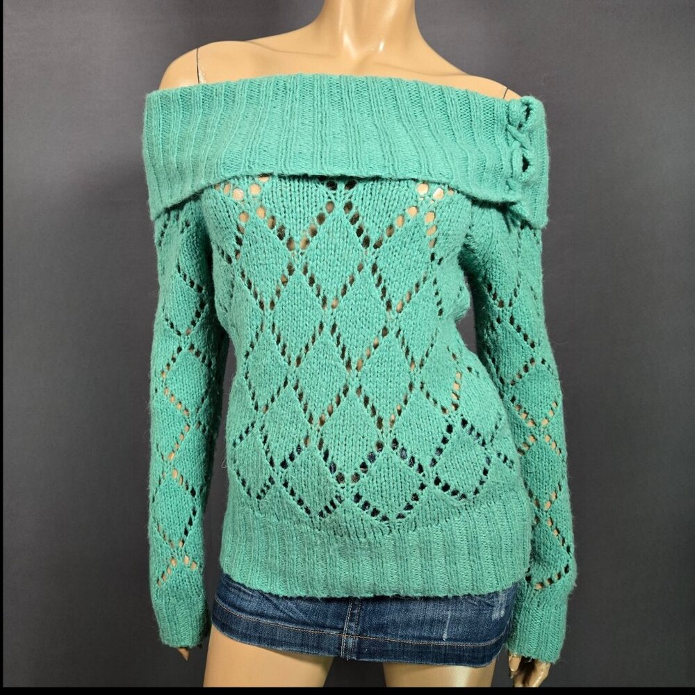 Y2K Groggy Off Shoulder Sweater Size S Green Long Sleeve Fairy Boho Wool Blend